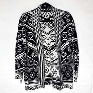 5/$25 California Moonrise Black White Multi Print Knit Open Front Cardigan M